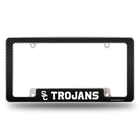 USC NCAA Trojans Chrome Metal License Plate Frame with Carbon Fiber Design