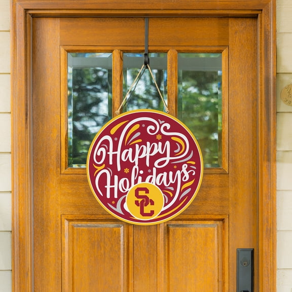 USC Trojans 18" Happy Holidays Wooden Round Door Sign