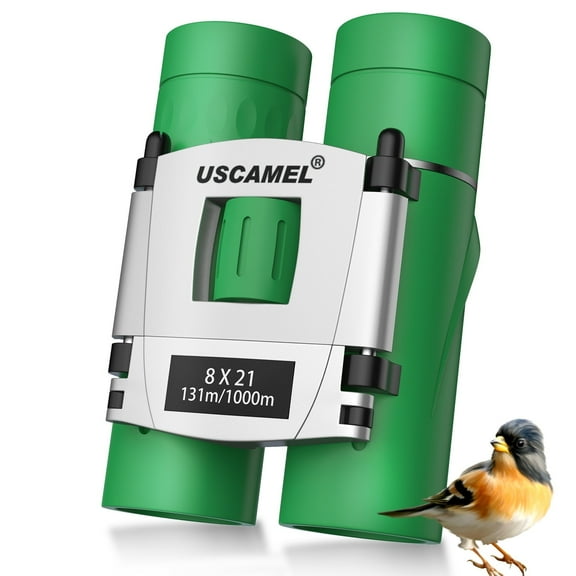 USCAMEL 8x21 Binoculars for Kids Adults, Foldable Compact Binoculars for Pocket, BAK4 Adults Binoculars for Outdoor Camping Bird Watching with Neck Strap, Green