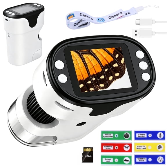 Microscope for Kids Adults, Handheld Microscope Toy for Outdoor Play STEM Toy for Boys Girls with 2“ Screen 6 LED Lights 32G SD Card, White