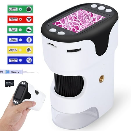 USCAMEL Microscope for Adult Kids, 1000x Pocket Microscope, 2 inch Screen Digital Handheld Microscope w/LED Lights Mini Science Set 6 Prepared Slides SD Card, White