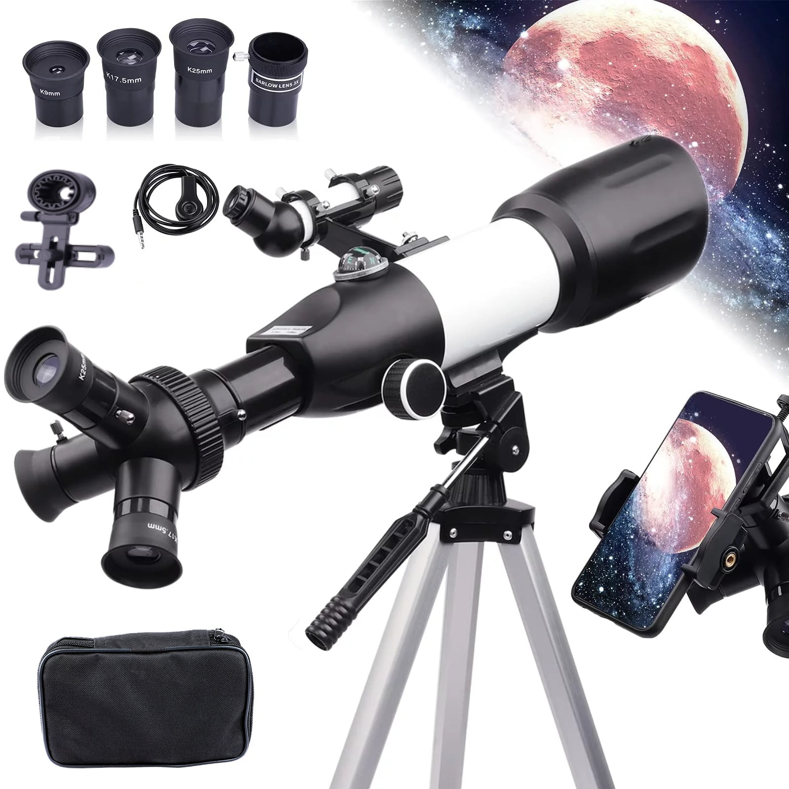 USCAMEL Telescope for Adults 3 Rotatable Eyepieces, 70mm Aperture 400mm Telescope, 16x-132x Beginners Astronomy Refractor Telescope for Moon Viewing w/Barlow Lens