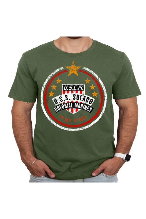 USCM Colonial Marines Distressed Adult T-Shirt-Small-Military Green