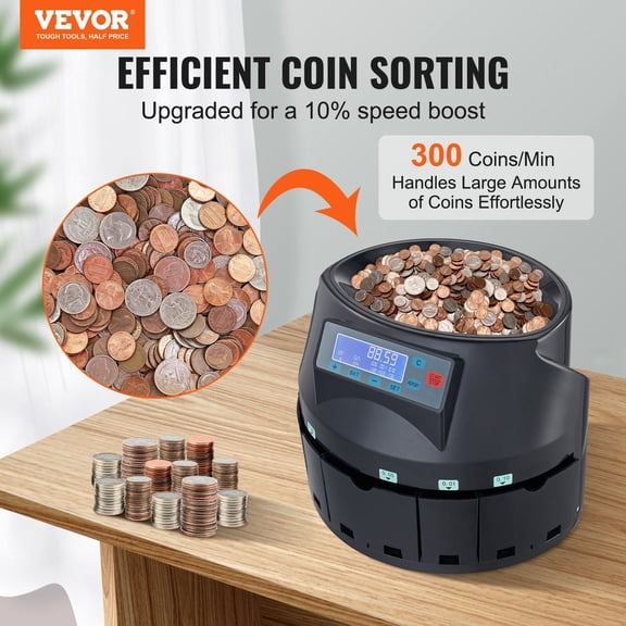 USD Coin Counter&Coin Sorters with LCD Display,Coin Sorter Machine for USD Coin 1/5/10/25 Cents $1,Sorts up to 300 Coins/min,Change Counter Holds 2000 Coins Included 5 Coin Bins&5 Tubes