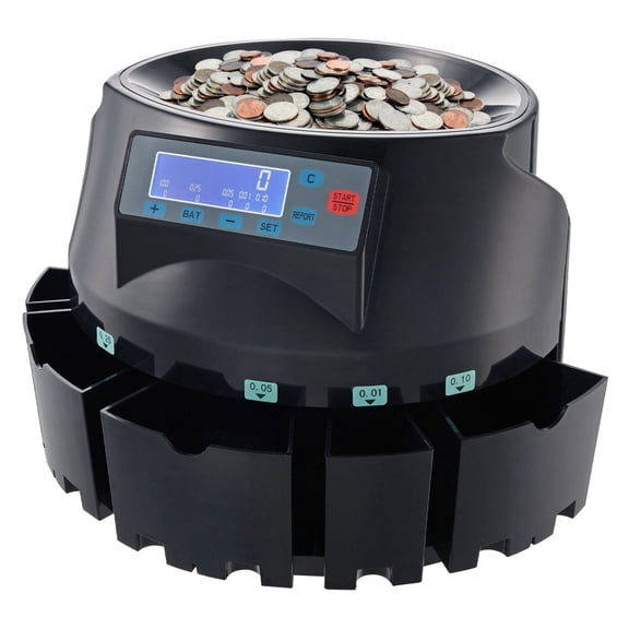 USD Coin Counter & Sorter Machine, Automatic Coin Counting with LCD Display, Sorts 1/5/10/25 Cents & $1 Coins, 300/Min, 2000 Coin Capacity, 5 Bins & Tubes