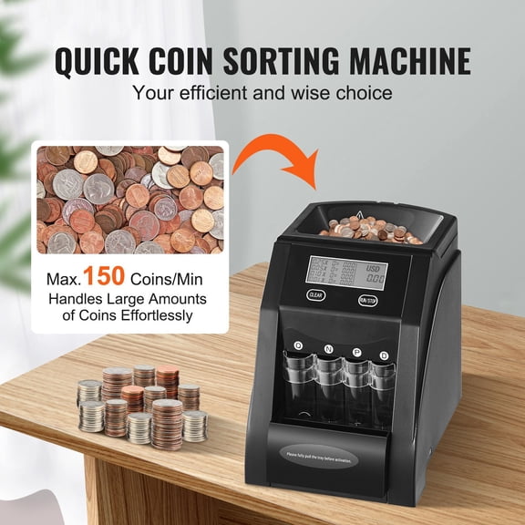 USD Coin Sorter, Coin Counter Machine for 4 Kinds of USD Coins, Coin Sorter and Wrapper Machine Holds up to 200 Coins, LCD Screen Display Coin Storage Included 4 Coin Tubes and Boxes