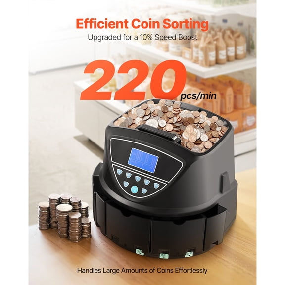 USD Coin Sorter and Counter Machine for 5 Kinds of USD Coins Holds up to 2000 Coins with Screen Display and 5 Coin Tubes and Boxes