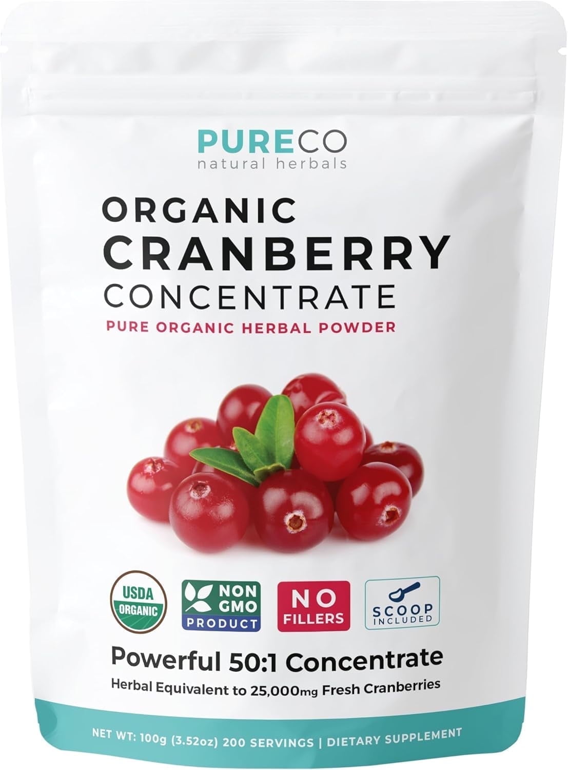 Pure Co Organic Cranberry Juice Concentrate for Urinary Tract Health Support, 200 Servings, 100g
