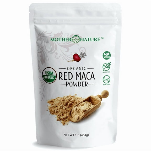 Mother Nature Organics Red Maca Powder, Organic, Non-GMO, Vegan, Gluten-Free Superfood, Energy & Stamina Support, 16oz
