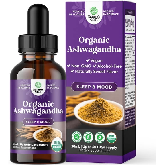 USDA Organic Ashwagandha Liquid Drops - Ashwagandha Root Extract for Stress and Mood Support - Delicious Pure Adaptogen Drops for Adults - Alcohol-Free Herbal Tinctures for Rest - 30 ml Bottle