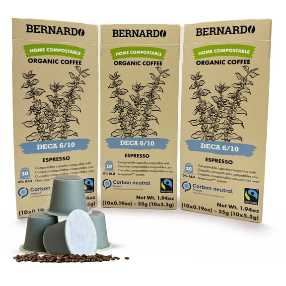 USDA Organic Bernardo DECA (Decaf) 6/10 Strength Espresso Pods Compatible with Nespresso Original Machines. Biodegradable and Home Compostable. 30 Pods