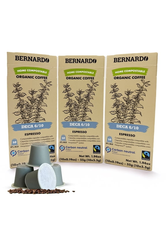 USDA Organic Bernardo DECA (Decaf) 6/10 Strength Espresso Pods Compatible with Nespresso Original Machines. Biodegradable and Home Compostable. 30 Pods