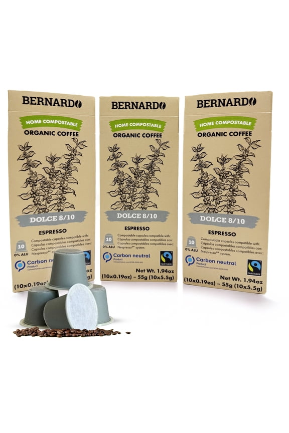 USDA Organic Bernardo DOLCE Intensity 8/10 Espresso Pods Compatible with Nespresso Original Line, Biodegradable and Home Compostable. 30 Pods