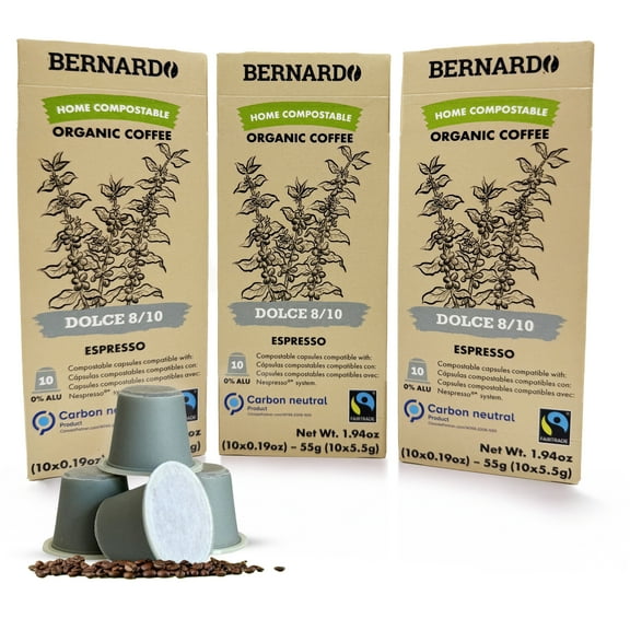 USDA Organic Bernardo DOLCE Intensity 8/10 Espresso Pods Compatible with Nespresso Original Line, Biodegradable and Home Compostable. 30 Pods