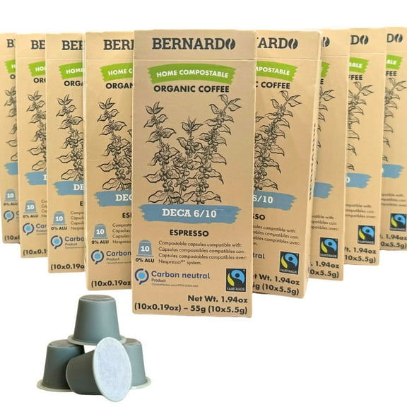 USDA Organic Bernardo Decaf Espresso | Home Compostable Pods | Nespresso Original Machines | DECA 6/10 Strength 10 Packs of 10 (100 Capsules)