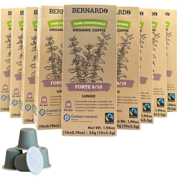 USDA Organic Bernardo FORTE 9/10 Strength Espresso Coffee Pods, Compatible with Nespresso Original Machines. Biodegradable, Home Compostable Capsules. 100 Pods