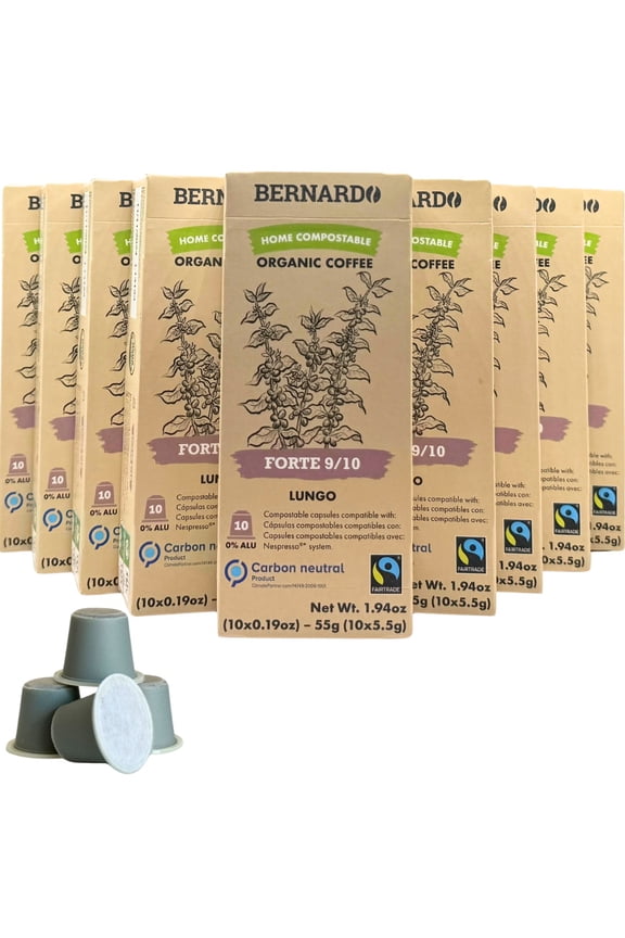 USDA Organic Bernardo FORTE 9/10 Strength Espresso Coffee Pods, Compatible with Nespresso Original Machines. Biodegradable, Home Compostable Capsules. 100 Pods