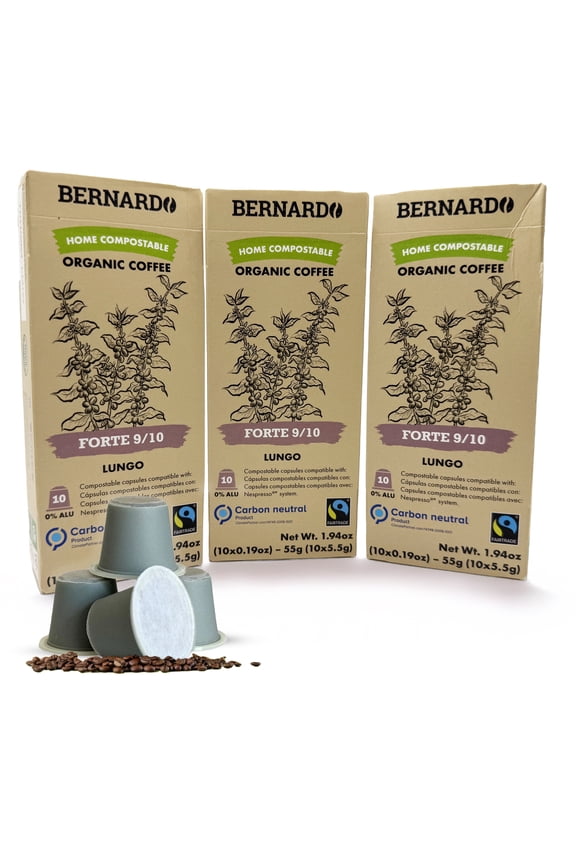 USDA Organic Bernardo FORTE Lungo Intensity 9/10 Pods Compatible with Nespresso Original Line, Biodegradable and Home Compostable. 30 Pods