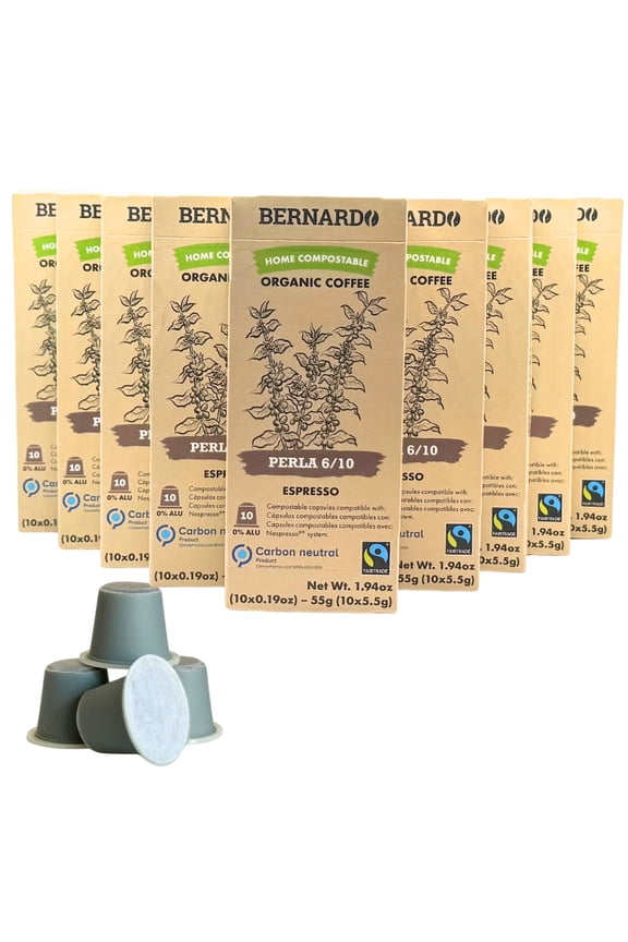 USDA Organic Bernardo PERLA Espresso | Home Compostable Pods | Nespresso Original Machines | PERLA 6/10 Strength 10 Packs of 10 (100 Capsules)
