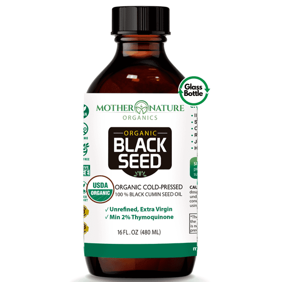 Mother Nature Organics USDA Organic Black Seed Oil, 16oz, Cold Pressed, Non-GMO, Unrefined, Vegan, Nigella Sativa