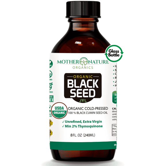 Mother Nature Organics USDA Organic Black Seed Oil, Cold-Pressed, Non-GMO, Unrefined, Vegan, 8oz