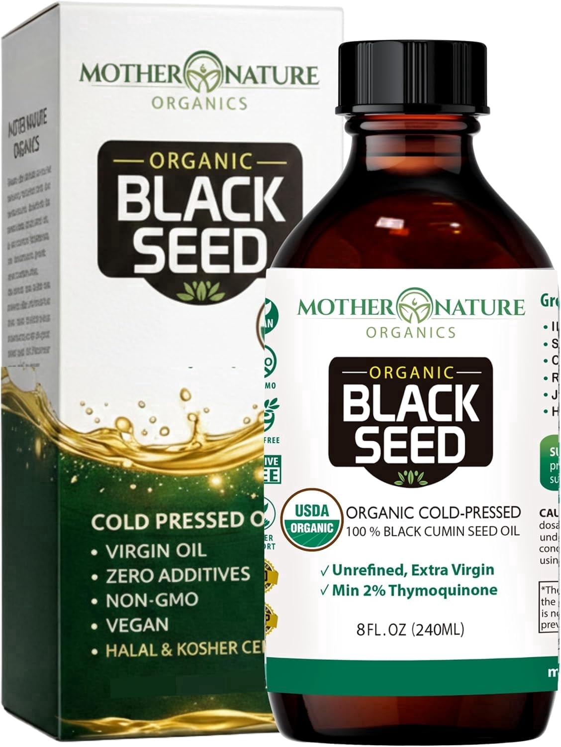 Mother Nature Organics USDA Organic Black Seed Oil, Cold-Pressed, Non-GMO, Unrefined, Vegan, 8oz