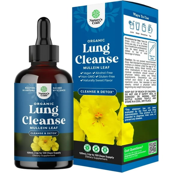 Natures Craft Organic Mullein Drops for Lungs, Herbal Lung Cleanse and Detox, 4.06 fl oz
