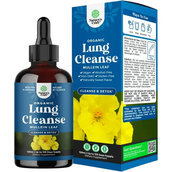 Natures Craft Organic Mullein Drops for Lungs, Herbal Lung Cleanse and Detox, 4.06 fl oz