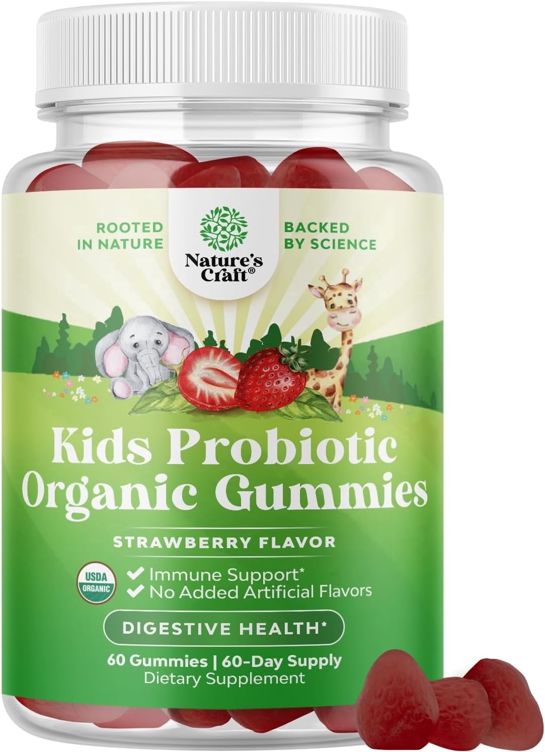 Natures Craft Organic Probiotic Gummies for Kids, Digestive Health Support, Strawberry, 60 Gummies