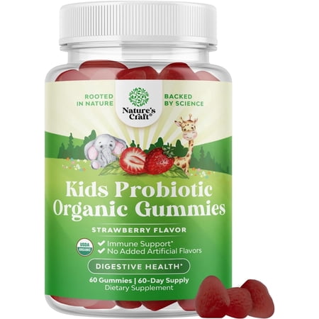 Natures Craft Organic Probiotic Gummies for Kids, Digestive Health Support, Strawberry, 60 Gummies