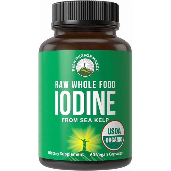 Peak Performance USDA Organic Raw Whole Food Vegan Iodine Supplement from Organic Kelp for Thyroid Support, 60 Capsules