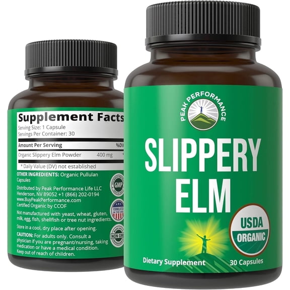 USDA Organic Slippery Elm Bark Capsules. for Women, Men, Kids. for Sore Throat, Irritated Stomach.