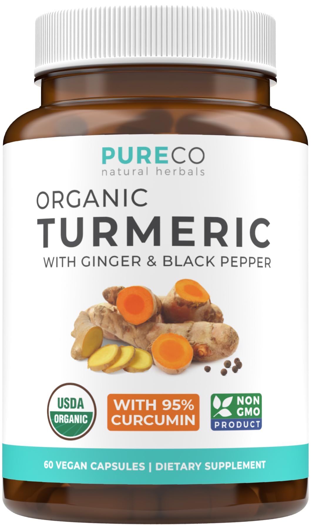 USDA Organic Turmeric Curcumin with Black Pepper and Ginger (2 Month