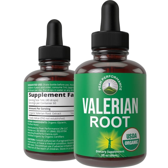 Peak Performance USDA Organic Valerian Root Liquid Drops Supplement for Relaxation, Sleep, Calm, Vegan, Gluten-Free, 0g Sugar, 1 Pack, 60 Servings