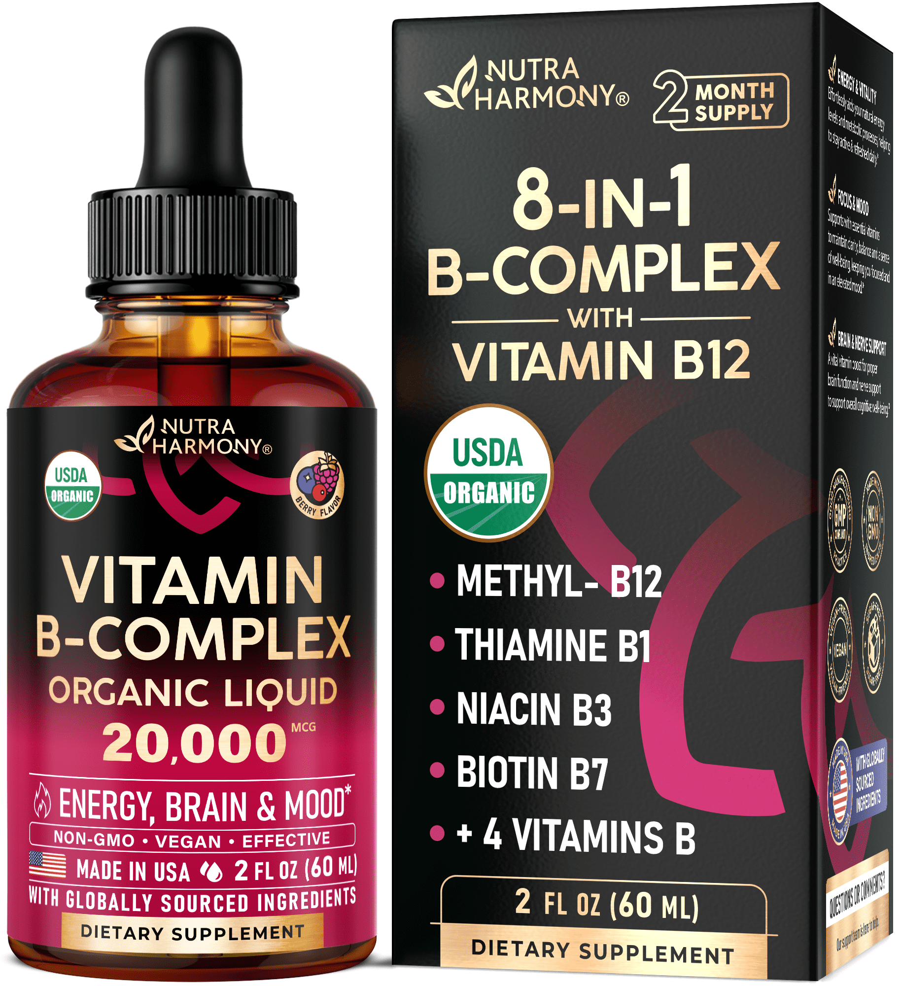 USDA Organic Vitamin B-Complex B5 Pantothenic Acid | B12 | B1 | B6 | B7 | B9 | B3 - B Complex Liquid Drops, Made in USA Supplement, 2fl oz