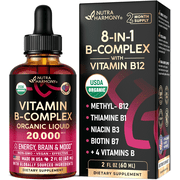 USDA Organic Vitamin B-Complex 20000mcg - B5, B12, B1, B6, B7, B9, B3 - 2Oz NUTRAHARMONY
