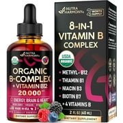 USDA Organic Vitamin B-Complex B5 Pantothenic Acid | B12 Methylcobalamin | B1 Thiamine | B6 Pyridoxine | B7 Biotin | B9 Folic | B3 Niacinamide - B Complex Liquid Drops, Made in USA Supplement, 2fl oz