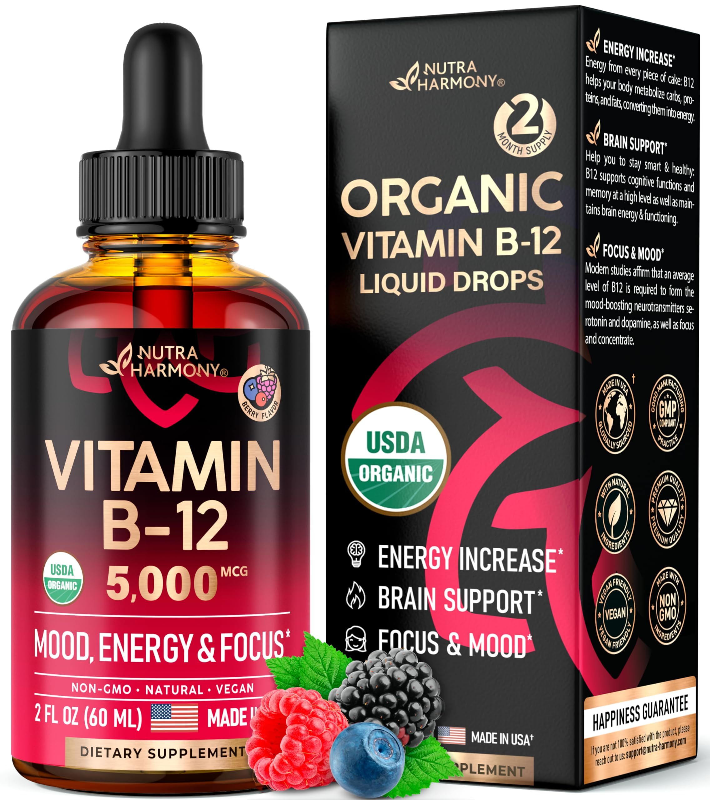 USDA Organic Vitamin B12 Sublingual Drops 5000 mcg Liquid Vegan Methylcobalamin Energy Boost
