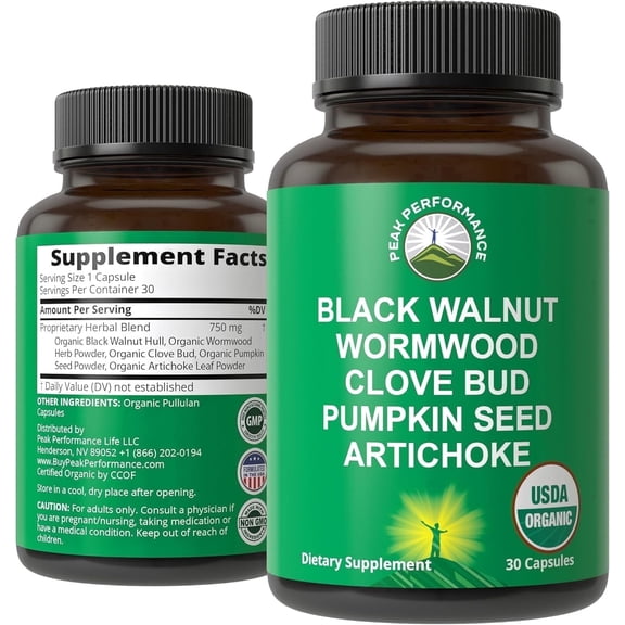 Peak Performance USDA Organic Wormwood Black Walnut Clove Cleanse for Humans. Elimination Detox + Intestinal Support Capsules, USA Formulated