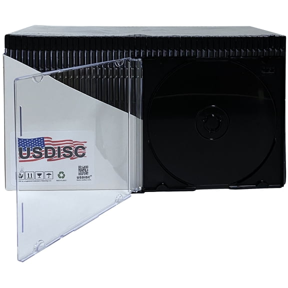 USDISC CD Jewel Cases Slimline 5.2mm, Single 1 Disc, Black, Pack Of 2000