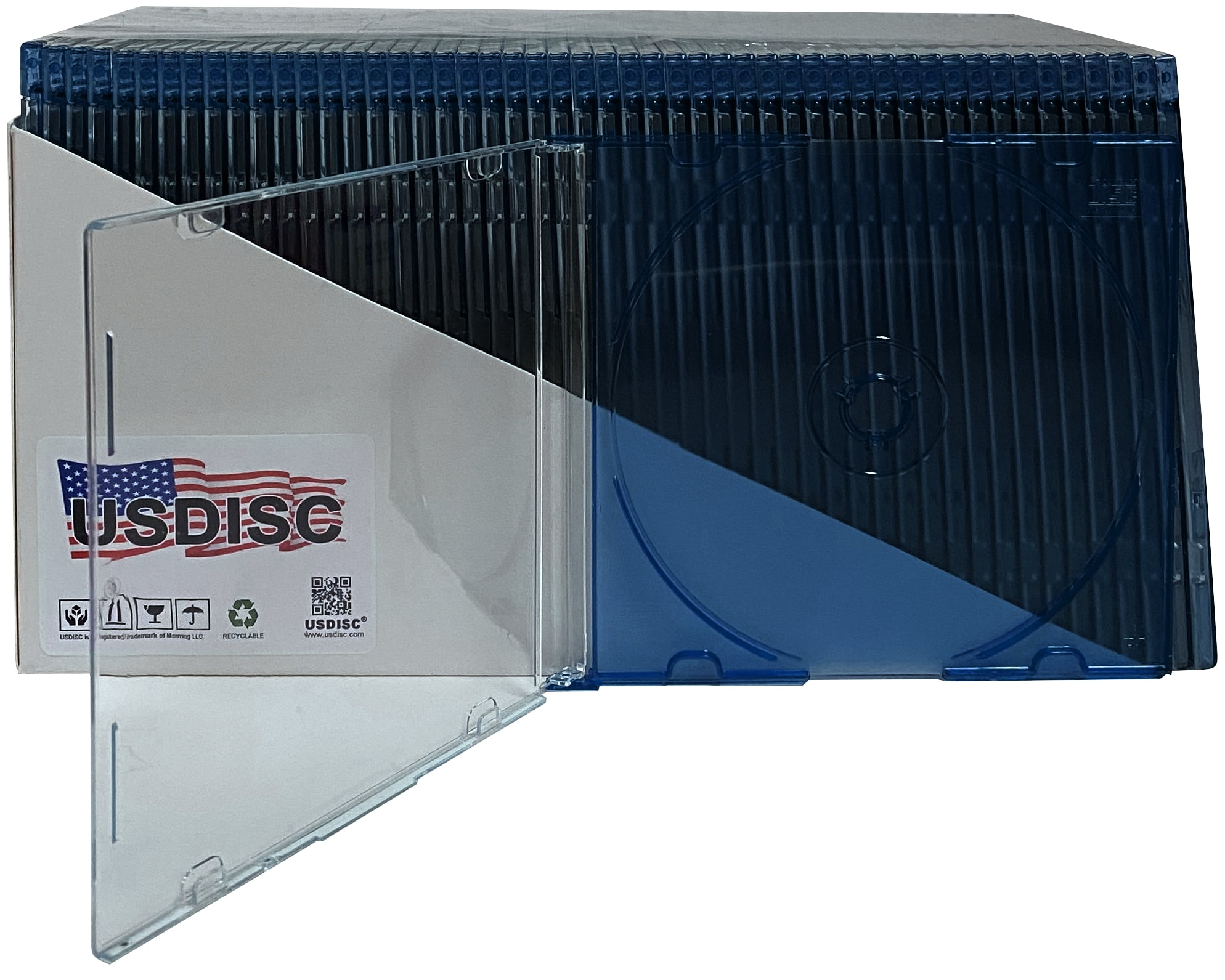 USDISC CD Jewel Cases Slimline 5.2mm, Single 1 Disc, Clear Blue, Pack Of 100