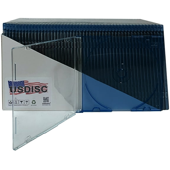 USDISC CD Jewel Cases Slimline 5.2mm, Single 1 Disc, Clear Blue, Pack Of 10