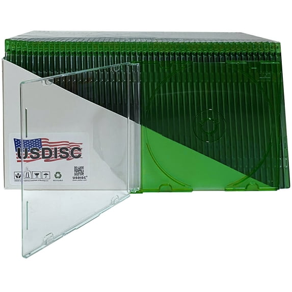 USDISC CD Jewel Cases Slimline 5.2mm, Single 1 Disc, Clear Green, Pack Of 50