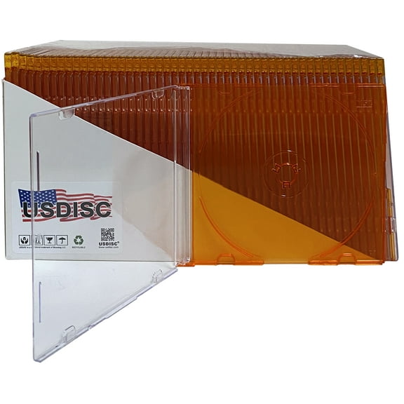 USDISC CD Jewel Cases Slimline 5.2mm, Single 1 Disc, Clear Orange, Pack Of 200