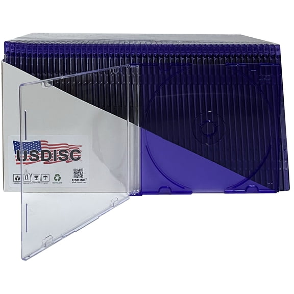 USDISC CD Jewel Cases Slimline 5.2mm, Single 1 Disc, Clear Purple, Pack Of 25
