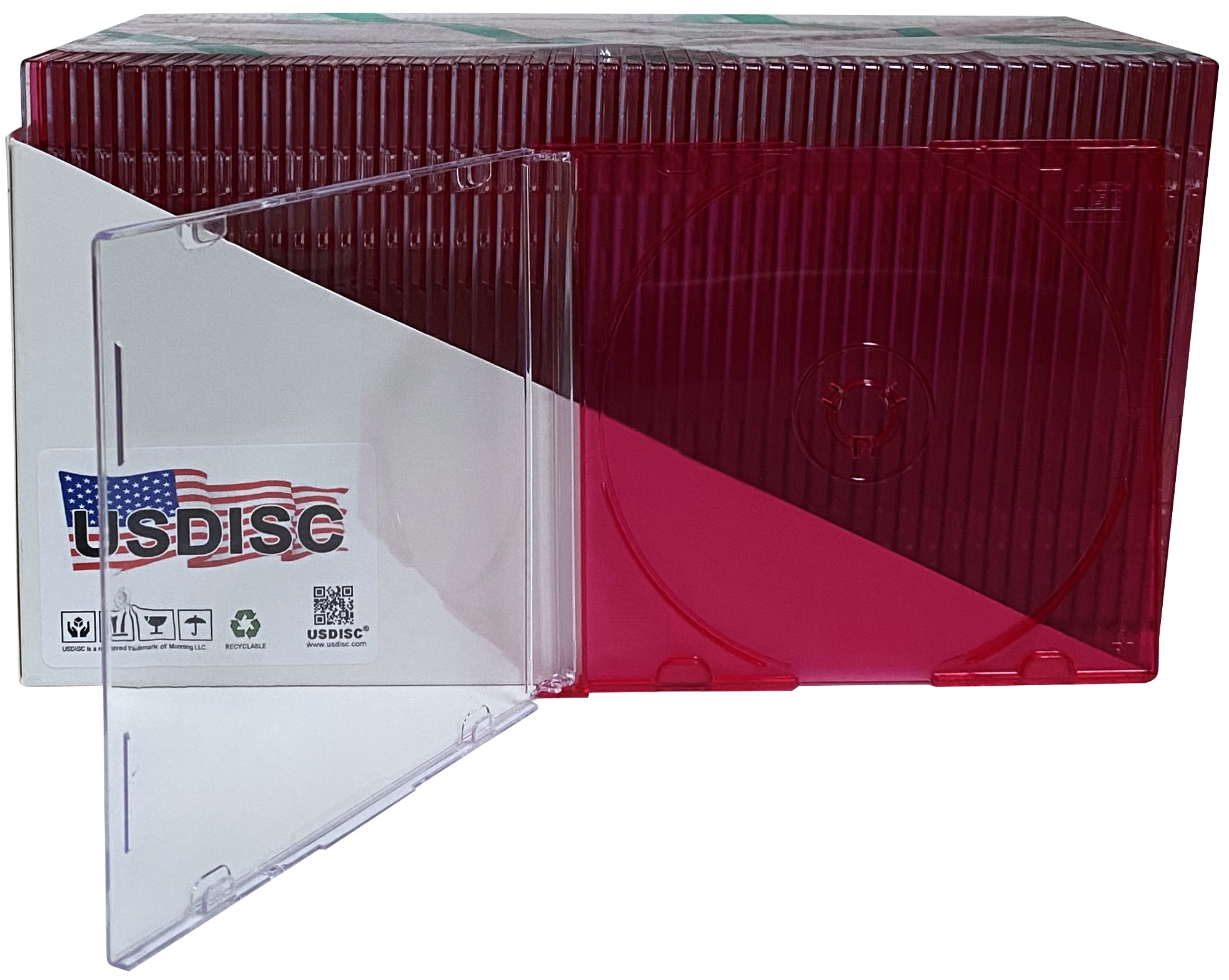 USDISC CD Jewel Cases Slimline 5.2mm, Single 1 Disc, Clear Red, Pack Of 100