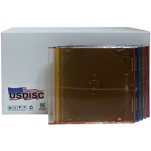 USDISC CD Jewel Cases Slimline 5.2mm, Single 1 Disc, Multicolor, Pack Of 200