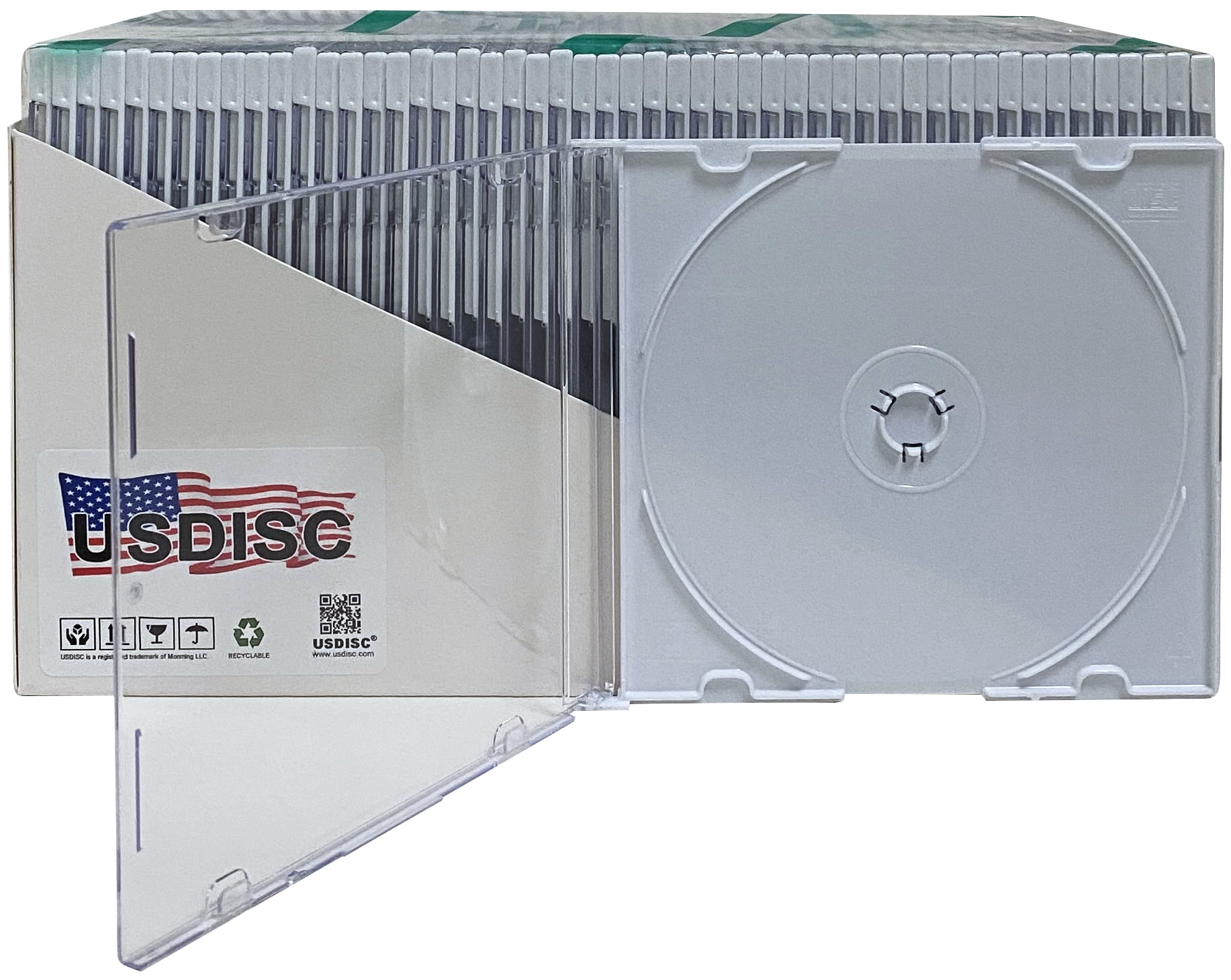 USDISC CD Jewel Cases Slimline 5.2mm, Single 1 Disc, White, Pack Of 50