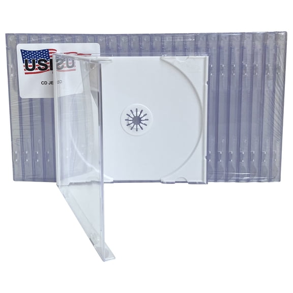 USDISC CD Jewel Cases Standard 10.4mm, Single 1 Disc, White, Pack Of 10