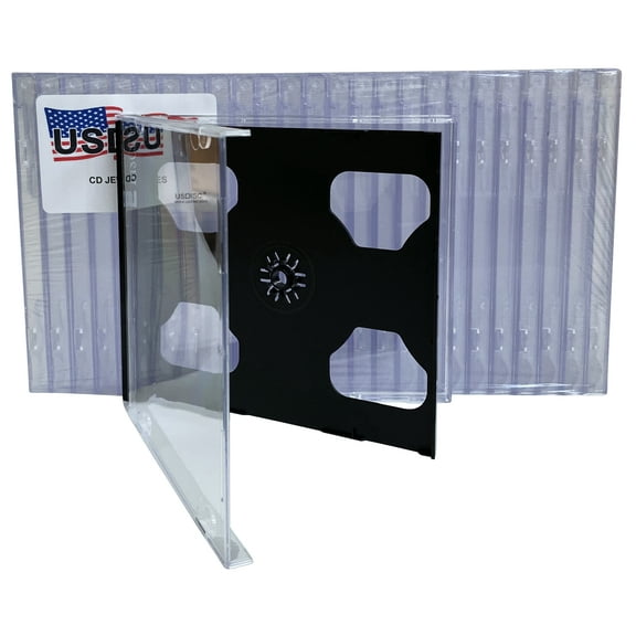 USDISC CD Jewel Cases Standard 10.4mm Smart Tray, Double 2 Disc, Black, Pack Of 10